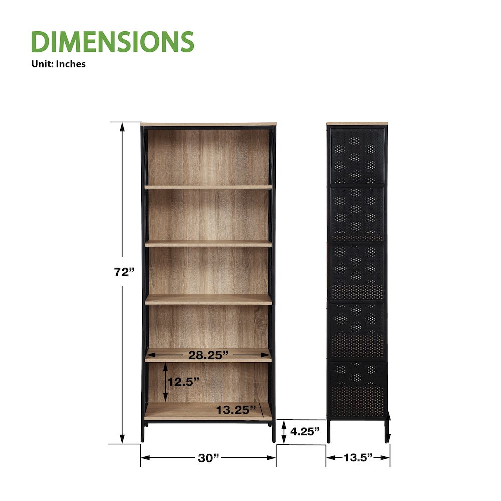 Ace 72” 5-Shelf Bookcase in Rustic Oak Finish