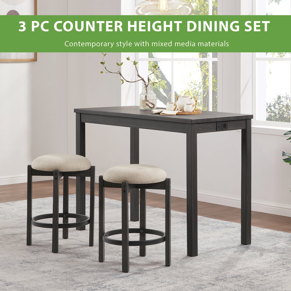 Melissa 3-PC  Counter Height Table Dining Set with Power, 2 Stools