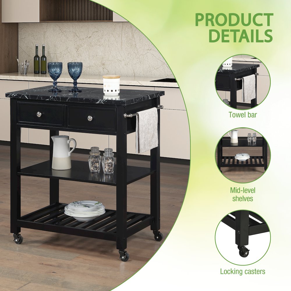 Litchfield Kitchen Cart With Faux Marble Top in Black Finish