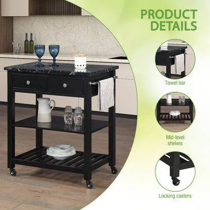 Litchfield Kitchen Cart With Faux Marble Top in Black Finish