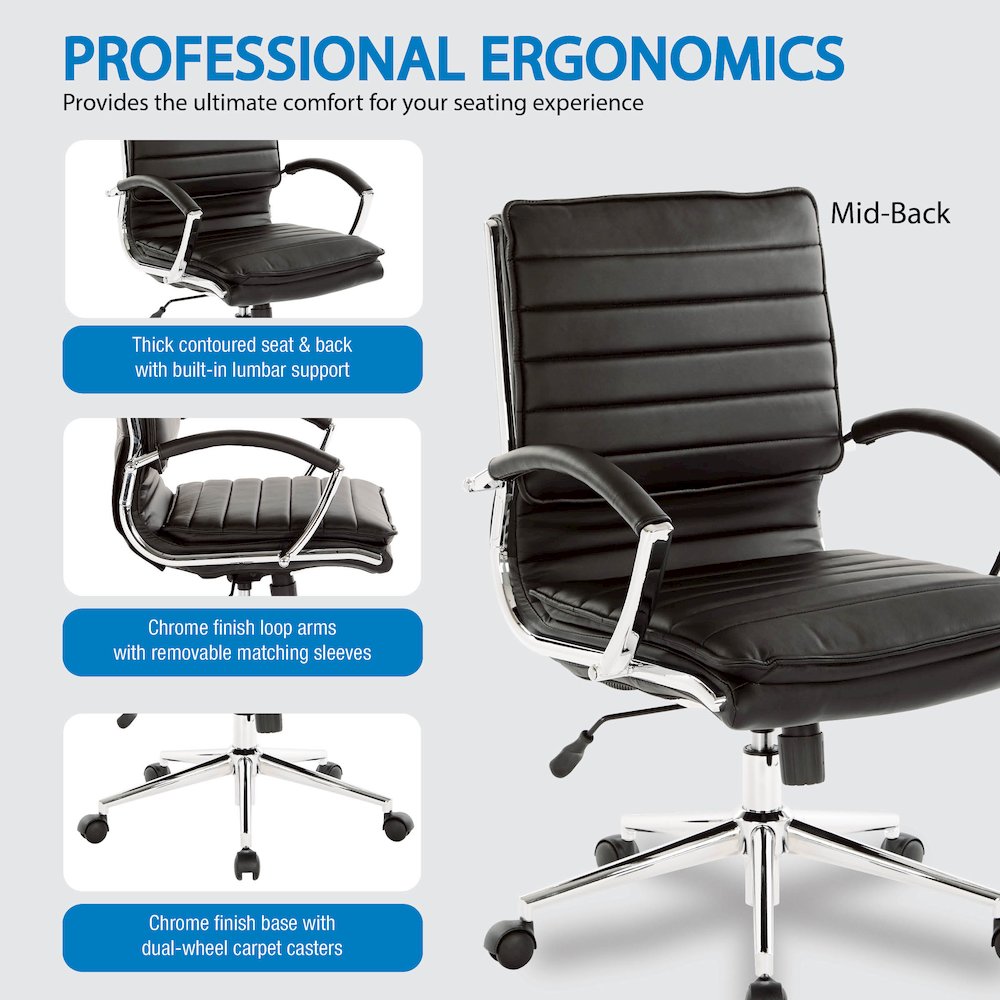 Mid-Back Manager’s Faux Leather Chair with Chrome Base, Removable Arm Sleeves.