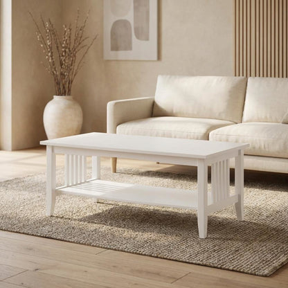 Modern White Finish Coffee Table with Storage Compartment and Midcentury Style