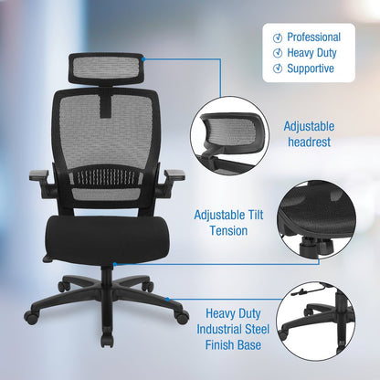 Managers Chair With Mesh Back And Seat And Adjustable Flip Arms And Headrest