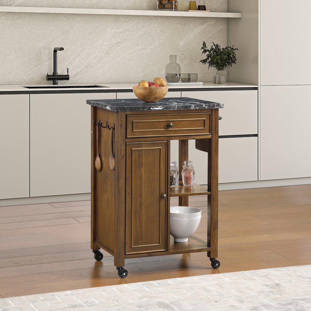 Fairmont Kitchen Cart With Faux Marble Top and Oak Finish Wood