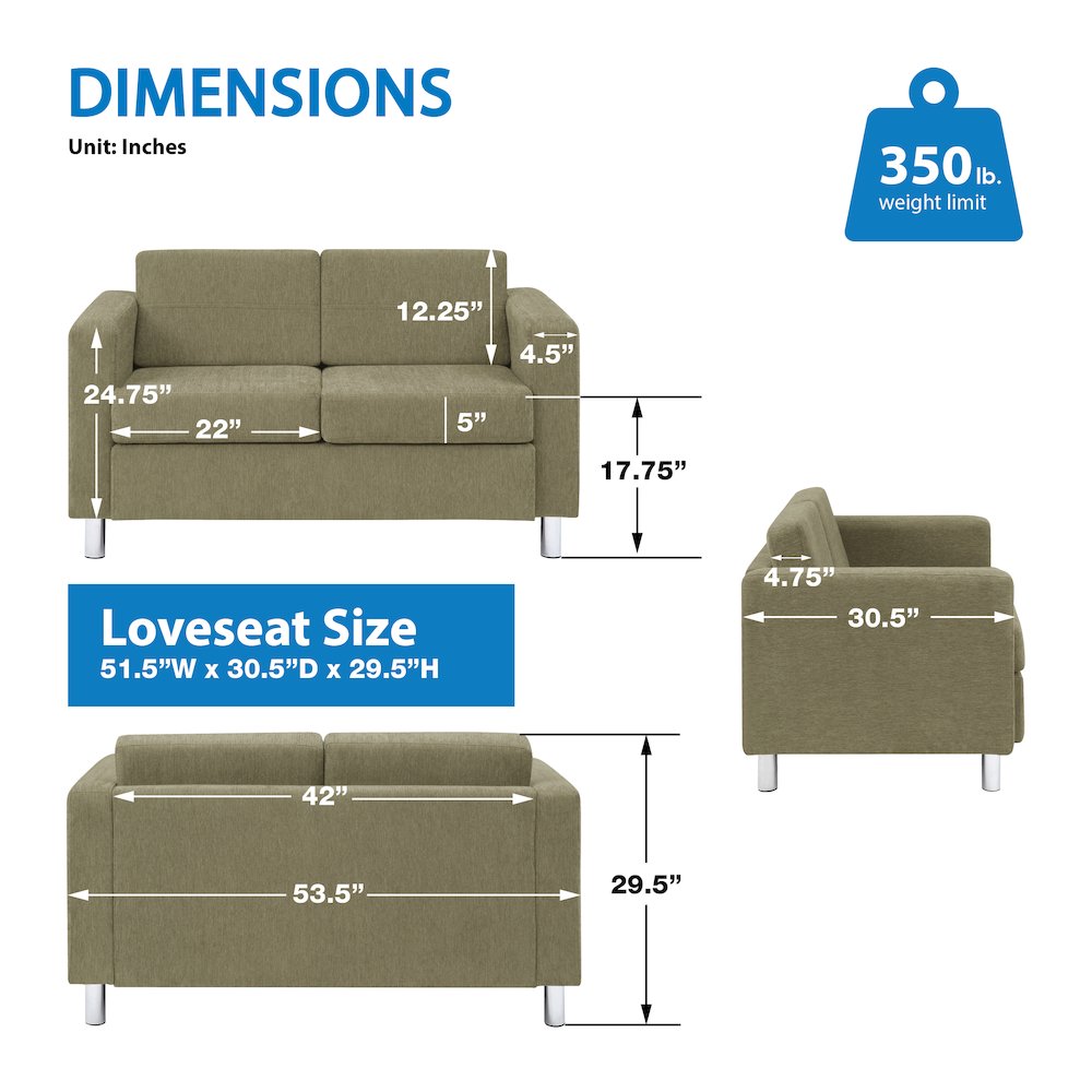 Pacific Loveseat in Sea Green Fabric with Chrome Legs