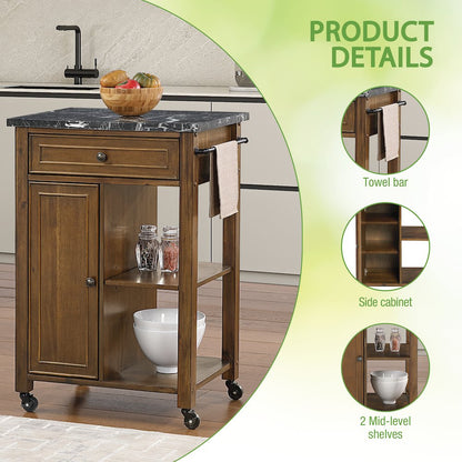 Fairmont Kitchen Cart With Faux Marble Top and Oak Finish Wood