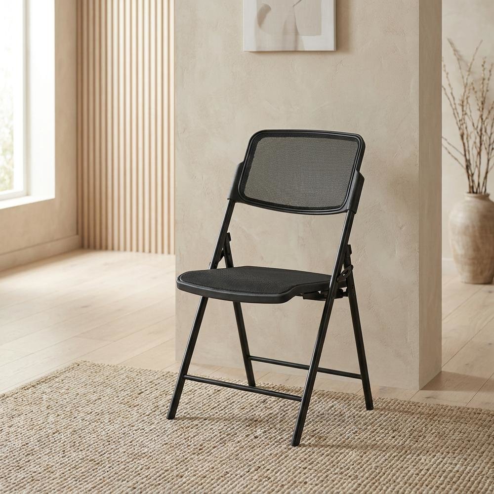 Black Mesh Folding Chair, Breathable Seat and Back, Lightweight Steel Frame
