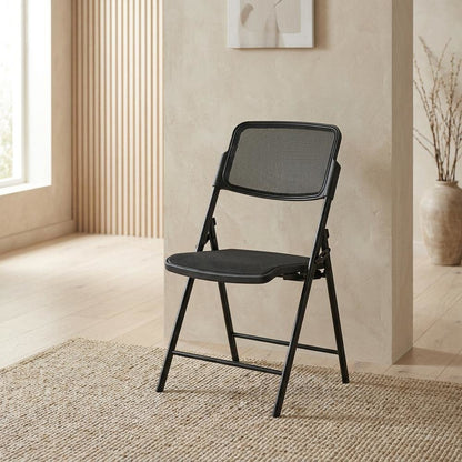 Black Mesh Folding Chair, Breathable Seat and Back, Lightweight Steel Frame