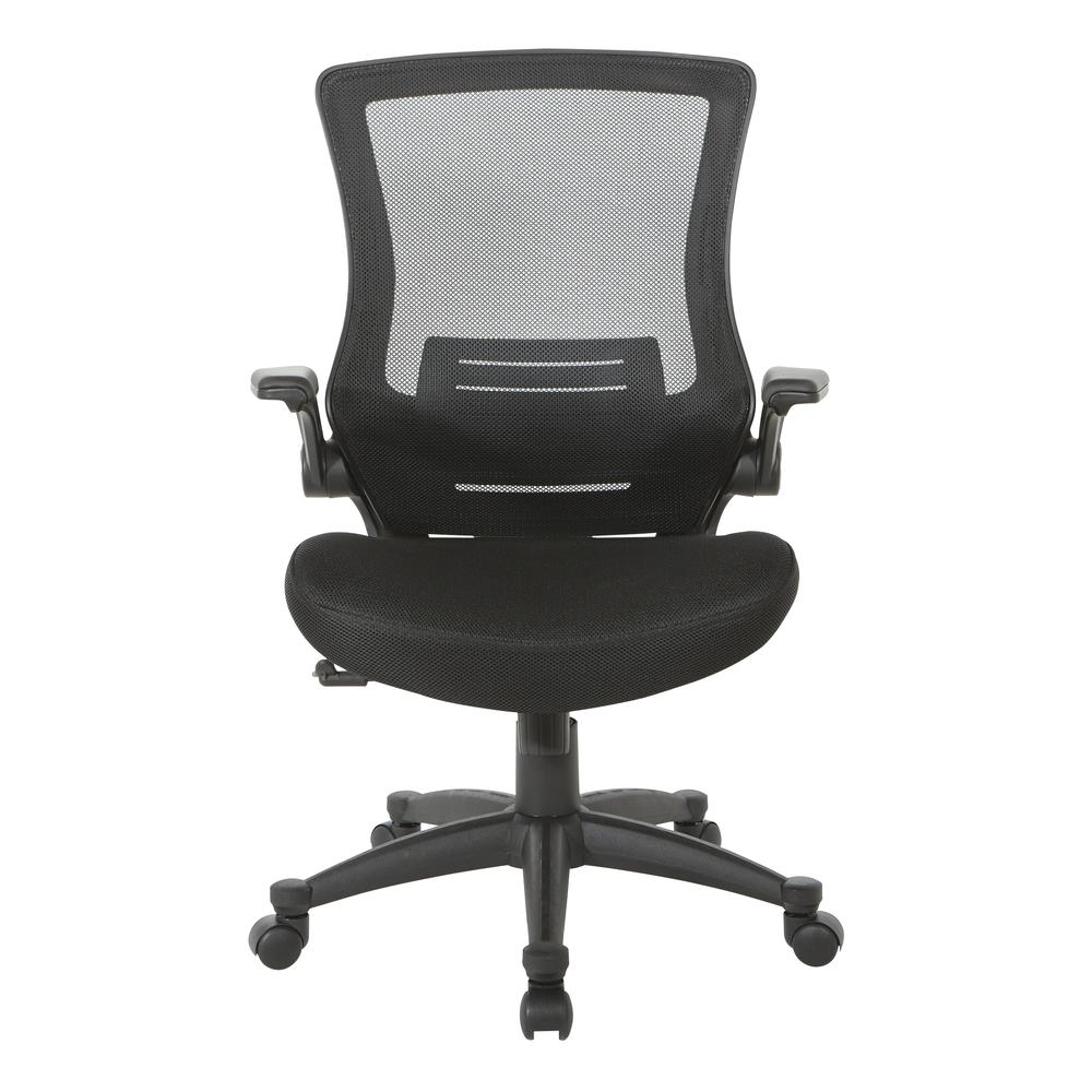 Screen Back Manager's Chair in Black Mesh Seat with PU Padded Flip Arms with Silver Accents, EM60926P-3M