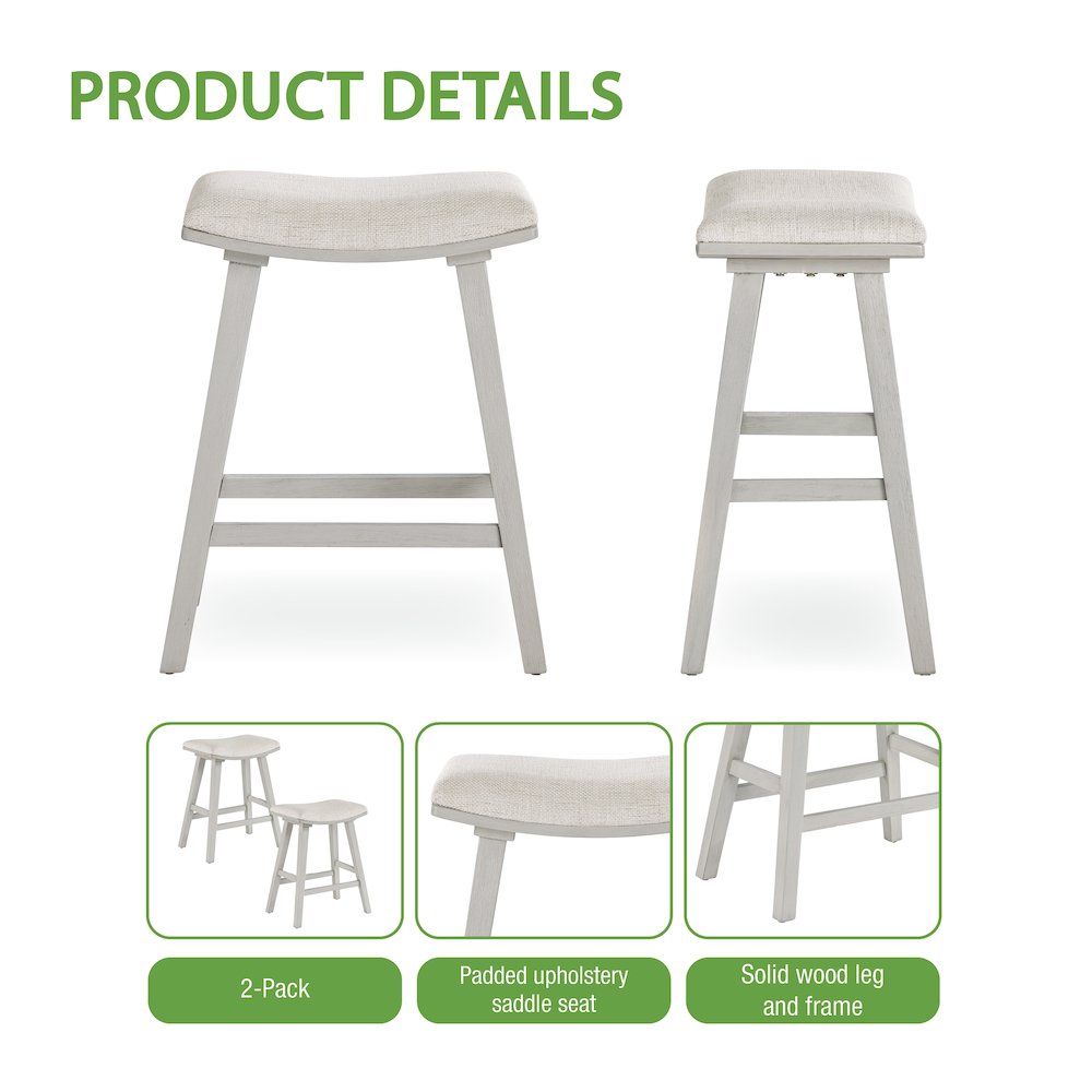 Coley 24" Saddle Stool 2-Pack With Linen Fabric Seat And White Wash Frame