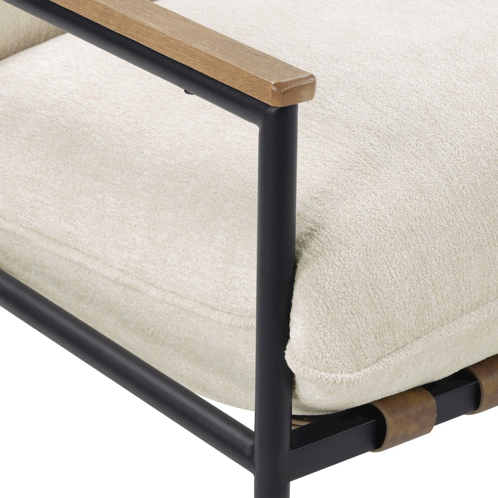 Telly Sling Chair in Ivory Fabric with Oak Wood Arms and Black Steel Frame