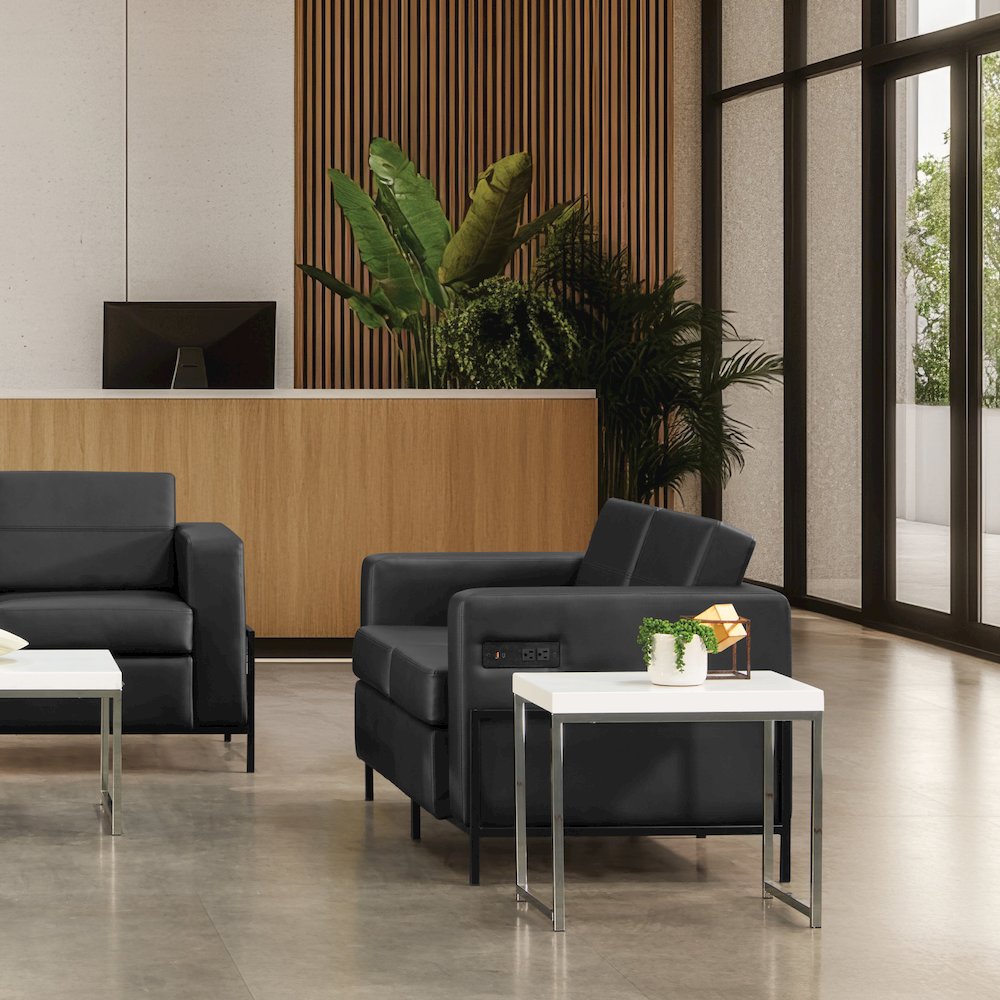 Arctic Loveseat in Black Faux Leather with USB and USB-C Charging Stations