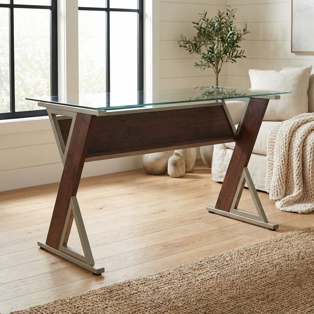Stylish Cherry Office Desk With Glass And Iron Details For Workspaces