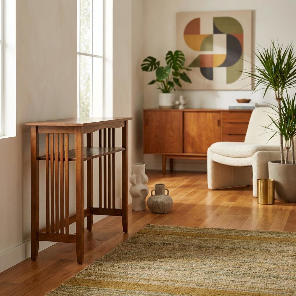 Wooden Foyer Console Table with Warm Finish and Sleek Design