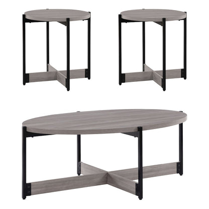 3 Piece Occasional Table Set in Grey Woodgrain Finish with Black Metal Legs