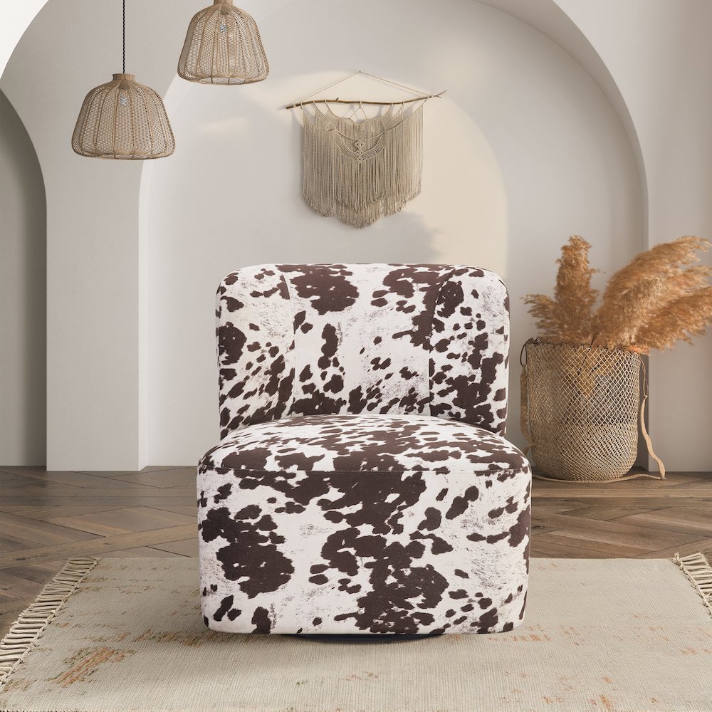 Lucia Swivel Chair in Brown Cow Fabric