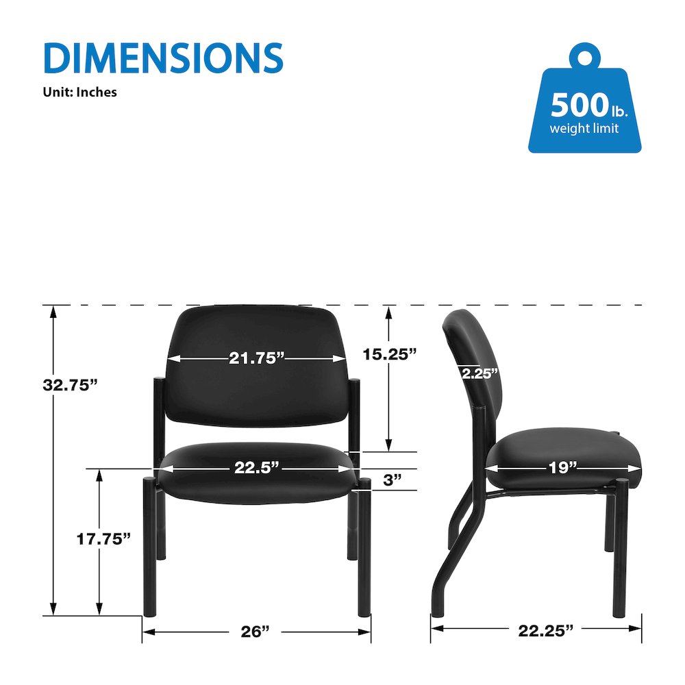 Big & Tall Armless Guest Chair in Dillon Black Fabric with Black Metal Frame