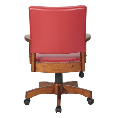 Deluxe Wood Bankers Chair in Red Faux Leather with Antique Bronze Nailheads and Medium Brown Wood, 109MB-RD