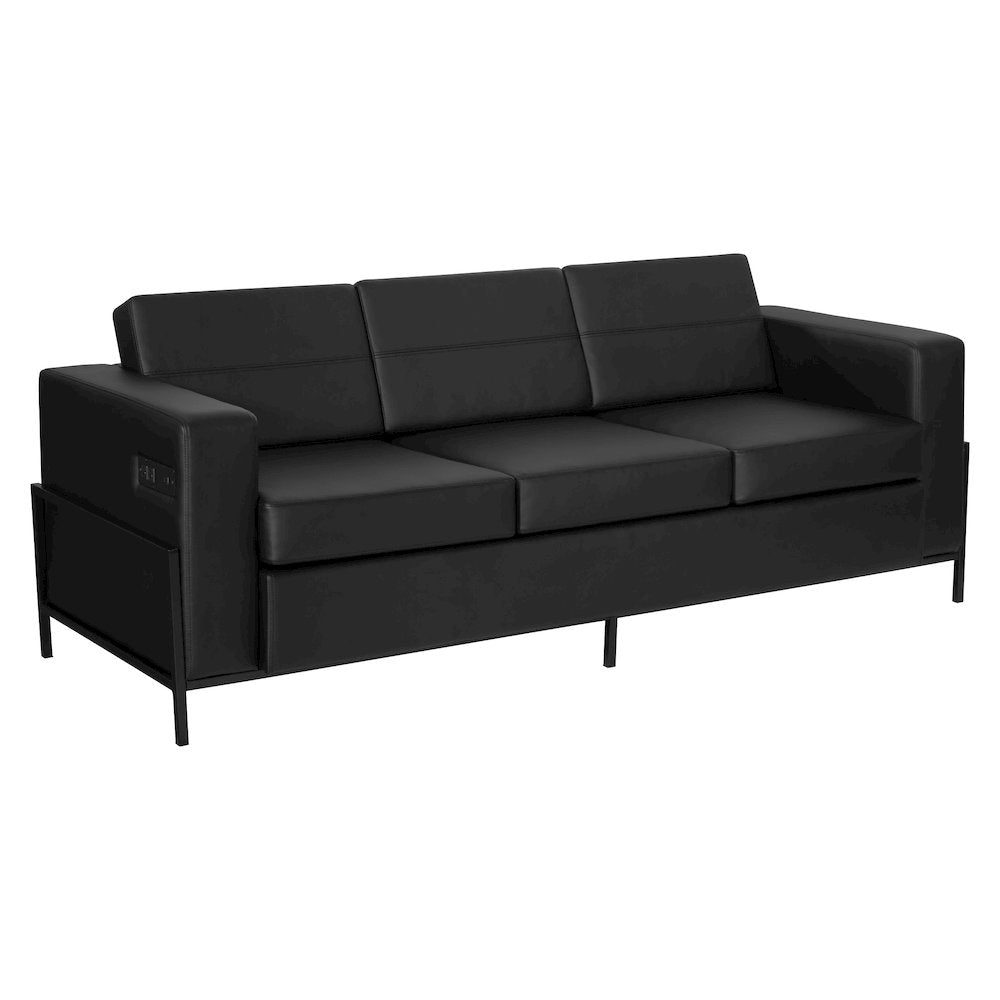 Arctic Sofa in Black Faux Leather with USB and USB-C Charging Stations