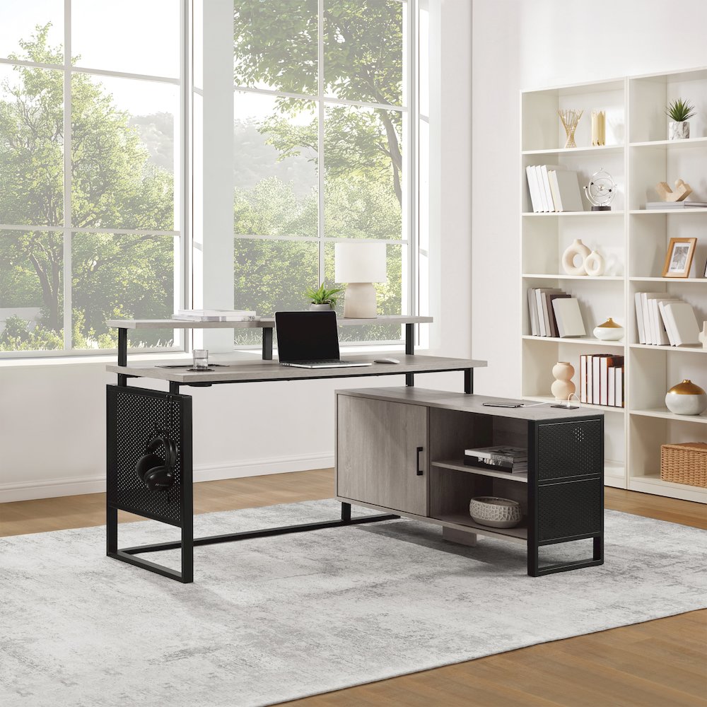 Ace 60"x 50" L-Shape Desk in Grey Taupe Top and Matte Black Frame