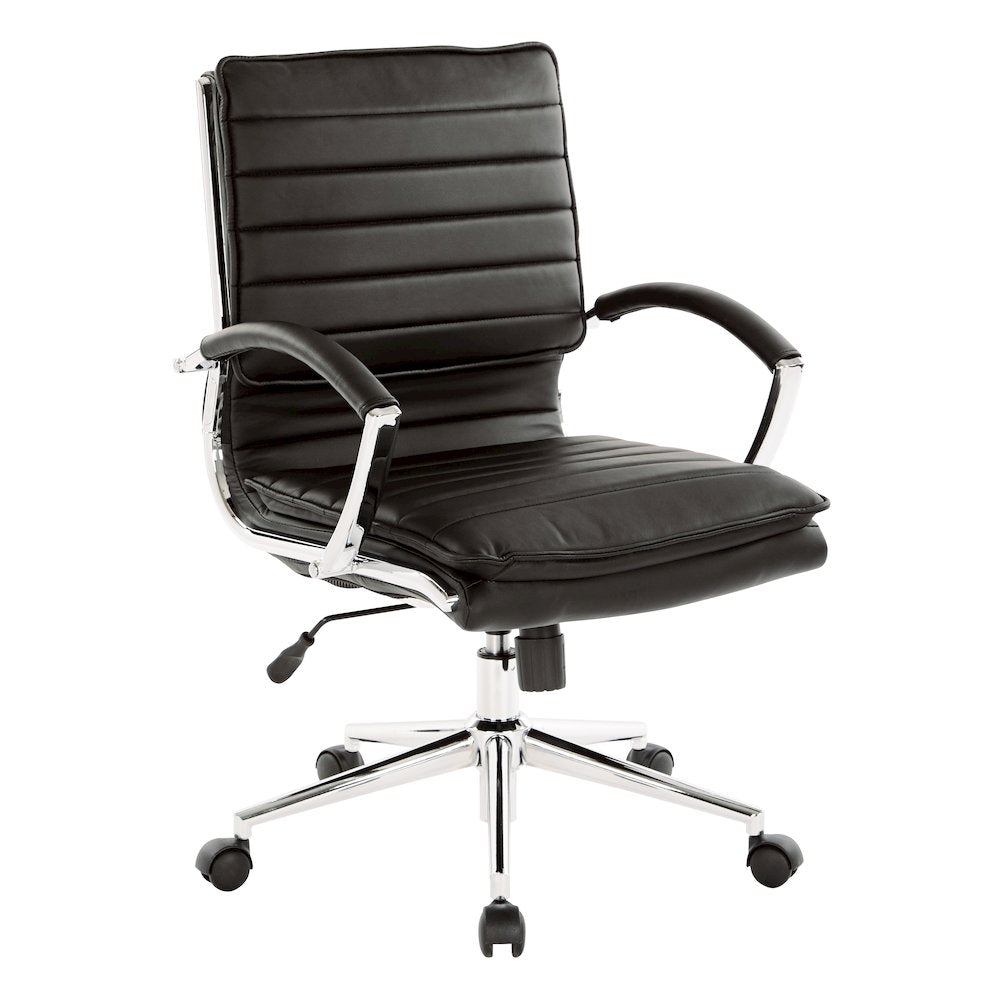 Mid-Back Manager’s Faux Leather Chair with Chrome Base, Removable Arm Sleeves.
