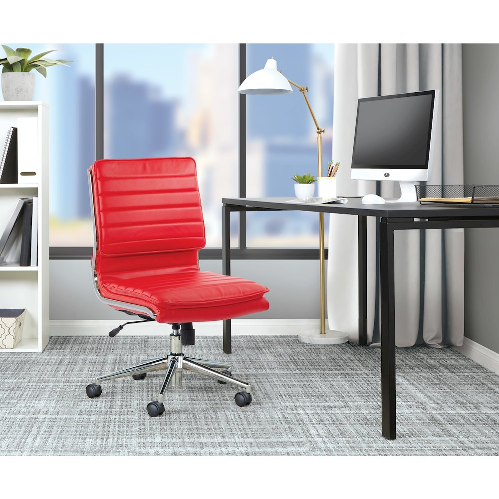 Armless Mid Back Manager's Faux Leather Chair in Red with Chrome Base.