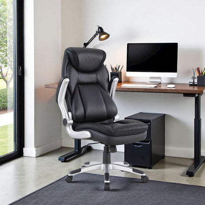 Executive Black Leather Chair – High-Back Work Chair With Silver Base