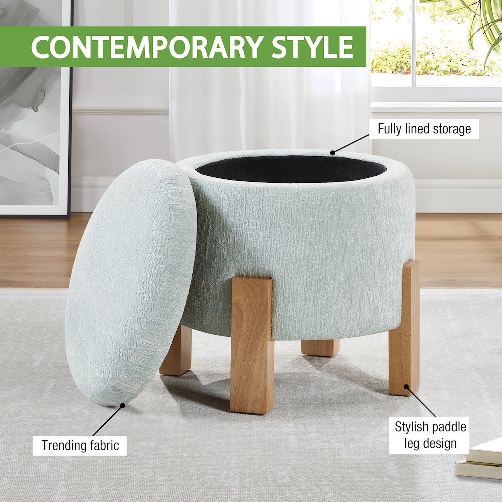 Annie Storage Ottoman in Sky Fabric with Natural Finish Legs