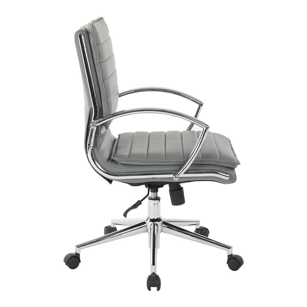 Mid-Back Manager’s Faux Leather Chair with Chrome Base, Removable Arm Sleeves.