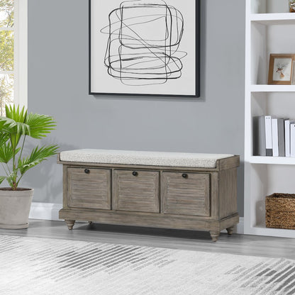 Dover Storage Bench In Goldstone Finish With Salt And Pepper Cushion Asm