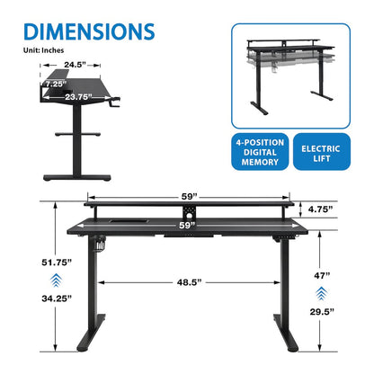 Primo 60" Electric Height Adjustable Gaming Desk with Hutch