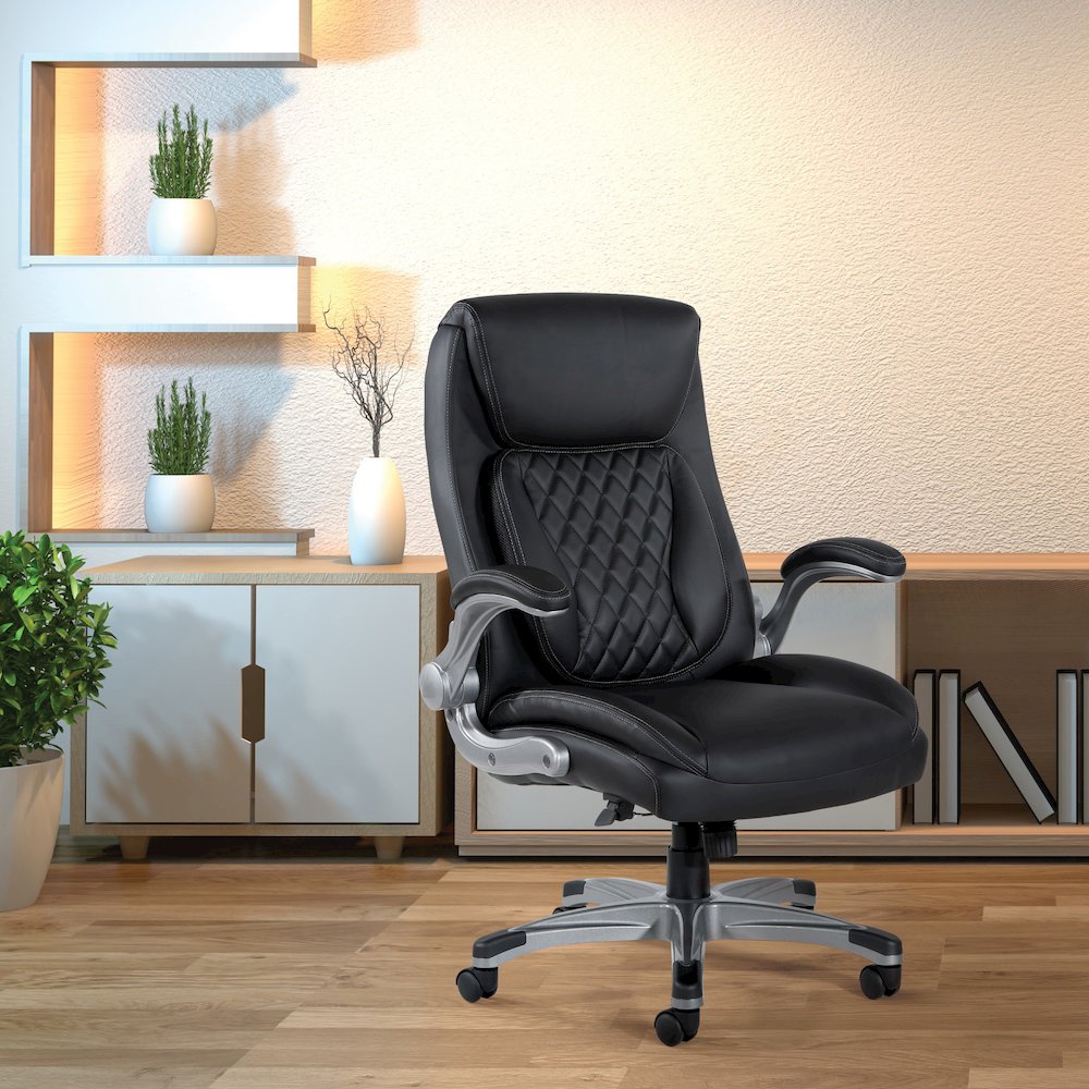 Executive Chair in Black Bonded Leather with Flip Arms