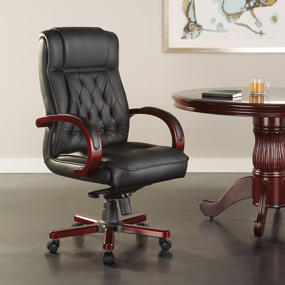 Leather Executive Chair with Royal Cherry Base and Dual Wheel Carpet Casters