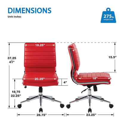 Armless Mid Back Manager's Faux Leather Chair in Red with Chrome Base.