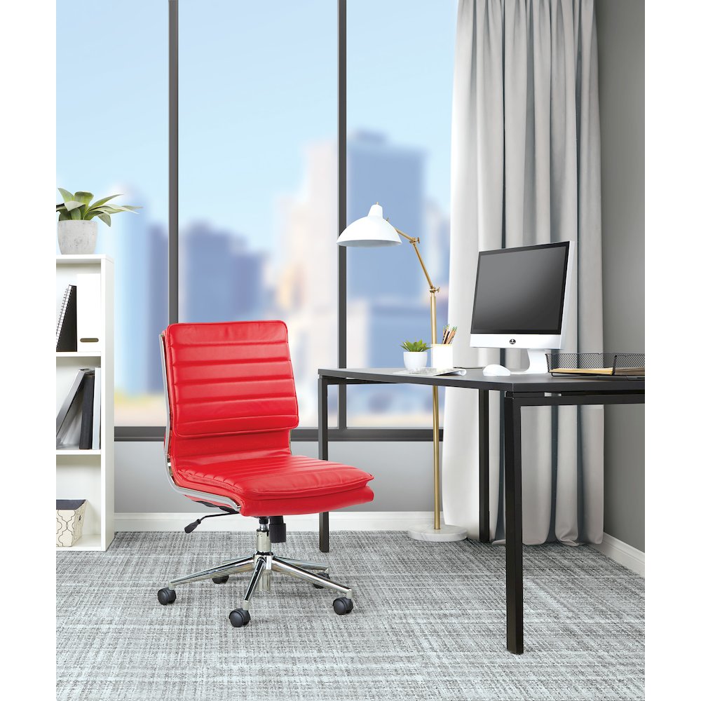 Armless Mid Back Manager's Faux Leather Chair in Red with Chrome Base.