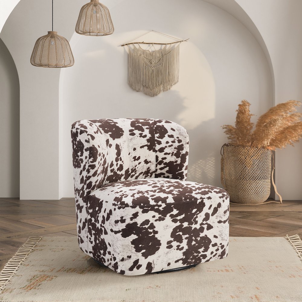Lucia Swivel Chair in Brown Cow Fabric