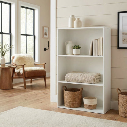 White 3-Shelf Bookcase with Laminate and Metal Construction for Home Storage