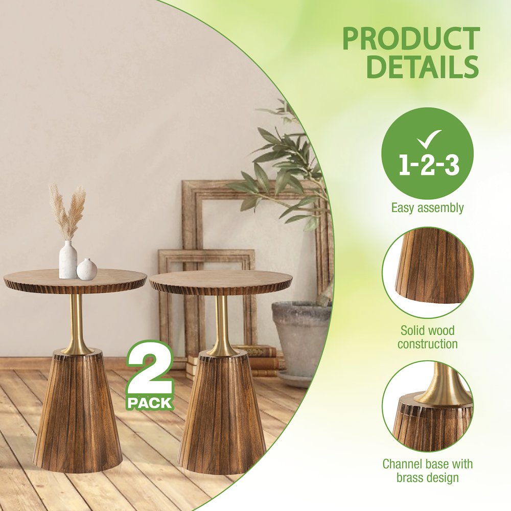 Round Side Table in Golden Honey Wood Top with Metal Base - 2 Pack