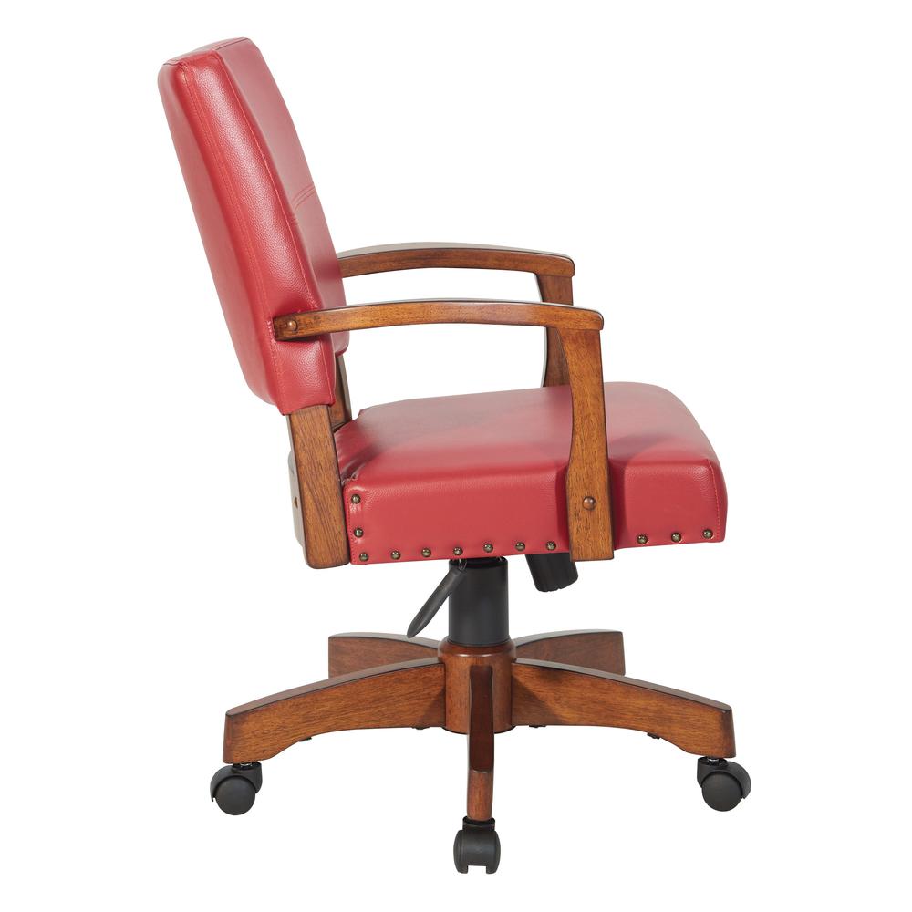 Deluxe Wood Bankers Chair in Red Faux Leather with Antique Bronze Nailheads and Medium Brown Wood, 109MB-RD