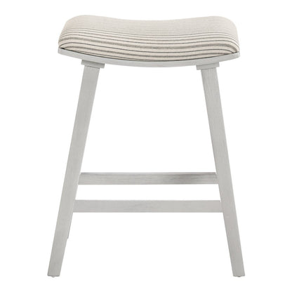 24" Saddle Stool 2-Pack With Cream Pin Stripe Fabric Seat And White Wash Frame