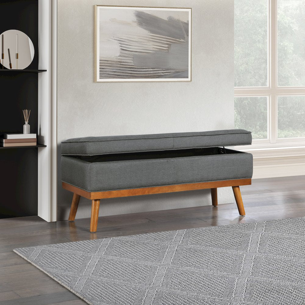 Katheryn Storage Bench in Charcoal Fabric with Spice Finish Legs