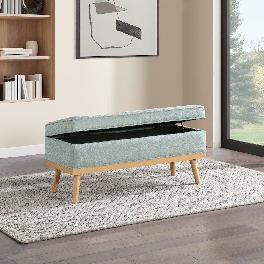 Katheryn Storage Bench in Mist Fabric with National Wood Legs