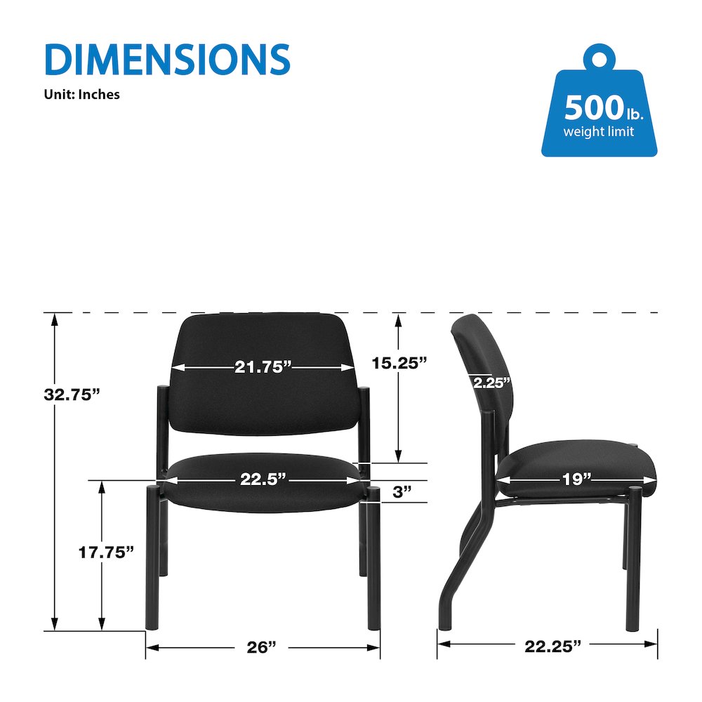 Big & Tall Armless Guest Chair in Icon Black Fabric with Black Metal Frame