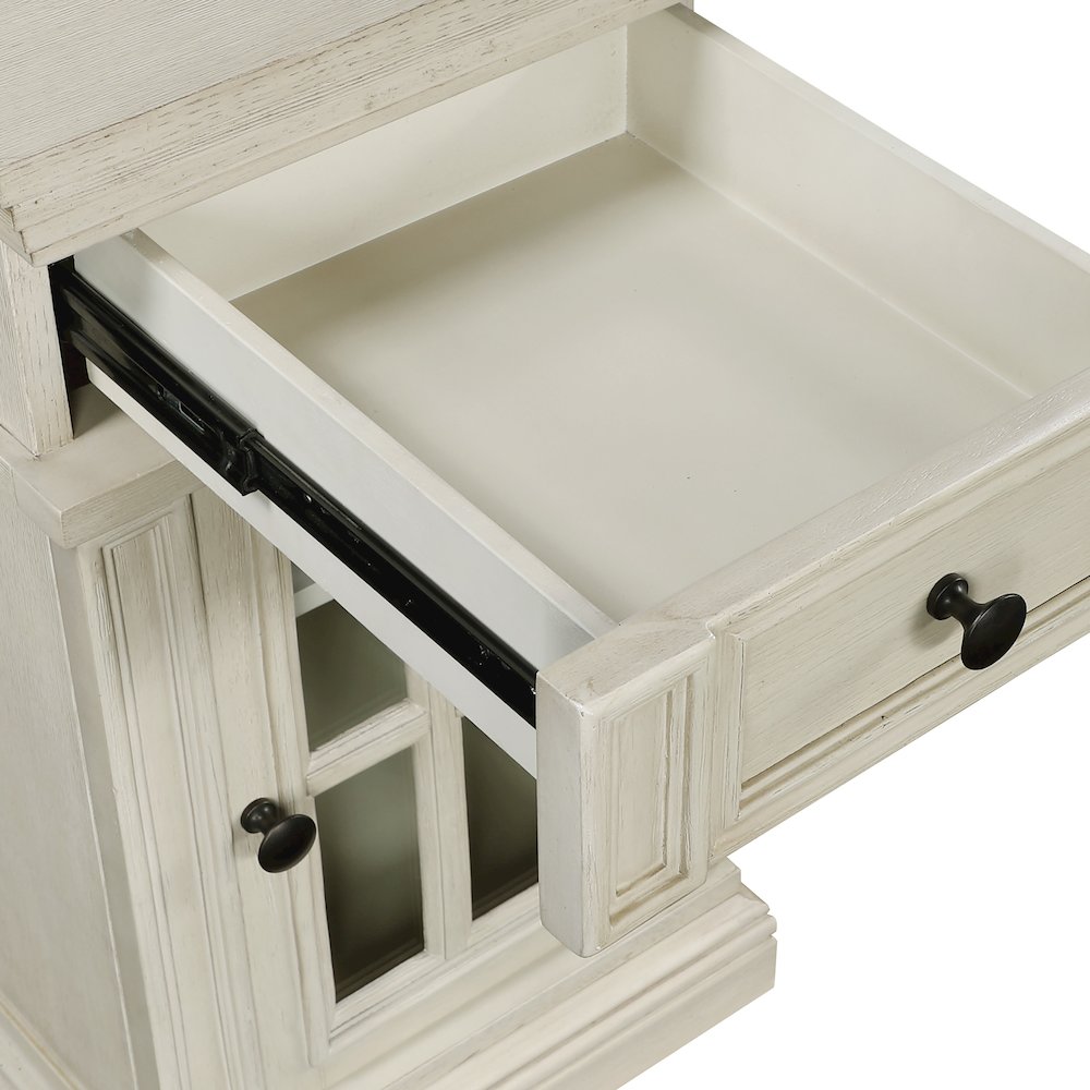 Chair Side Table with 1 Drawer and 1 Glass Door with Power Strip in White Finish