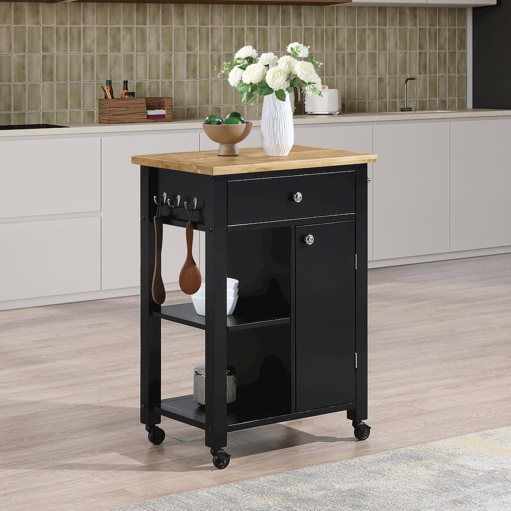 Derry Kitchen Cart with Natural Butcher Block Top With Black Finish