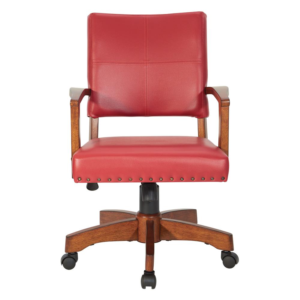 Deluxe Wood Bankers Chair in Red Faux Leather with Antique Bronze Nailheads and Medium Brown Wood, 109MB-RD