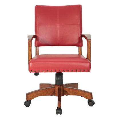 Deluxe Wood Bankers Chair in Red Faux Leather with Antique Bronze Nailheads and Medium Brown Wood, 109MB-RD