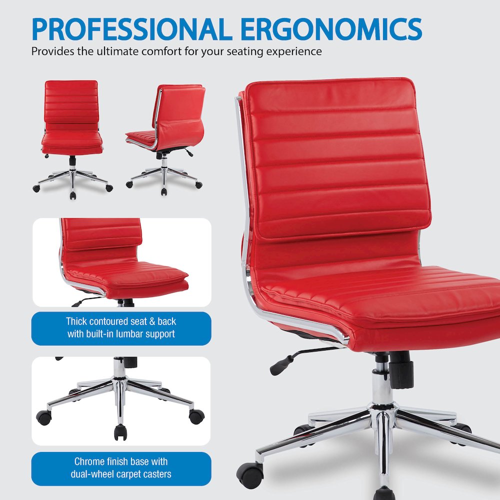 Armless Mid Back Manager's Faux Leather Chair in Red with Chrome Base.
