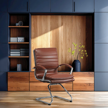 Guest Faux Leather Chair in Saddle with Chrome Base, Removable Arms