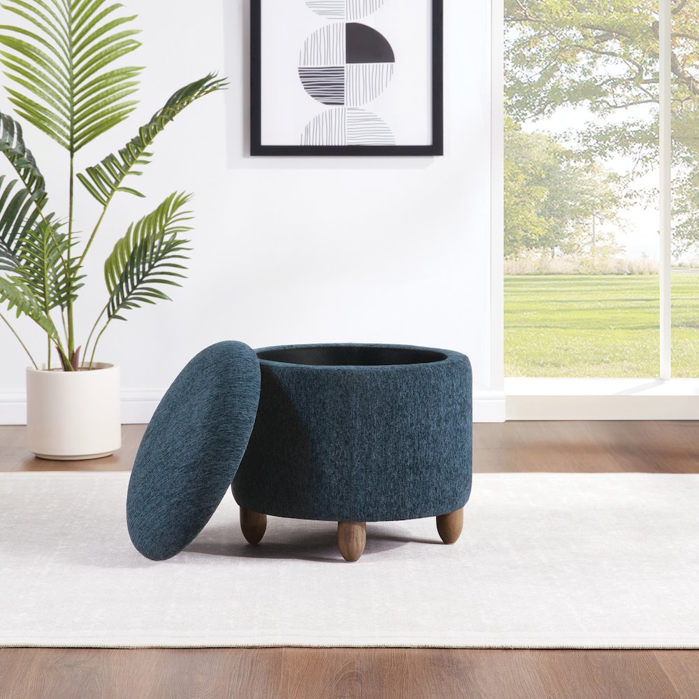 Lyra Storage Ottoman in Indigo Fabric with Medium Oak Legs